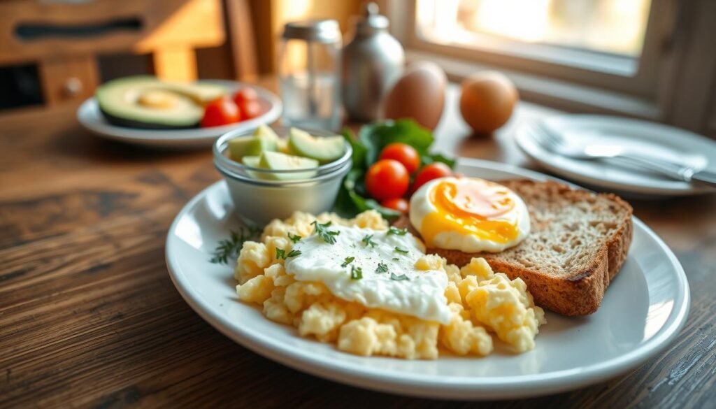 A beautifully arranged breakfast plate featuring a variety of allergen-friendly egg dishes. In the foreground, showcase a pristine white plate with fluffy scrambled eggs, garnished with fresh herbs, next to a perfectly poached egg resting on a slice of gluten-free toast. In the middle, include colorful vegetables like cherry tomatoes and spinach adding vibrancy to the scene. A small bowl of avocado slices and a side of fruit adds extra texture. The background can be a rustic wooden table setting, softly lit by the warm morning sunlight filtering through a nearby window. Use a shallow depth of field to emphasize the plate while softly blurring the background for an inviting and homely atmosphere.