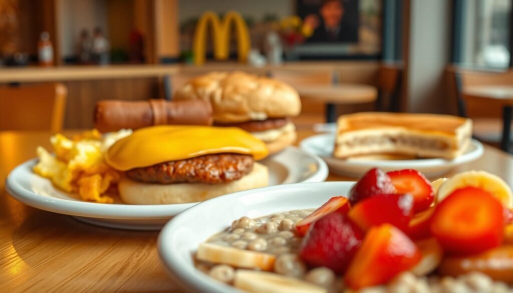 A beautifully arranged breakfast spread featuring a McDonald's Big Breakfast, with fluffy scrambled eggs, a sausage patty, a biscuit, and golden hash browns, placed on a simple white plate. Beside it, a warm McGriddle sandwich, showcasing a perfectly grilled sausage patty, melted cheese, and maple-flavored pancakes. In the foreground, a bowl of oatmeal topped with fresh fruits like strawberries and bananas. The background hints at a cozy McDonald's interior, with warm lighting and inviting wooden accents, evoking a comforting morning atmosphere. The scene is captured from a slightly elevated angle, focusing on the vibrant colors and textures of the food, creating an inviting and appetizing mood.