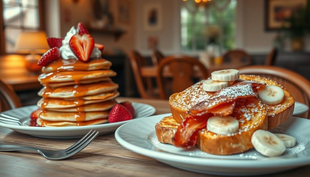 A beautifully arranged breakfast table featuring fluffy pancakes stacked high, drizzled with warm maple syrup and topped with fresh strawberries and a dollop of whipped cream. Beside it, golden-brown French toast sprinkled with powdered sugar, garnished with slices of bananas and a side of crispy bacon. The foreground showcases a cozy dining setting, complete with a rustic wooden table and elegant cutlery. In the background, a softly lit dining room with warm, inviting colors, evoking a homely atmosphere. The scene is illuminated with gentle, natural lighting, creating a comforting and appetizing mood. Shot from a slightly elevated angle to capture the enticing details of the dishes while maintaining a focus on the overall warmth of the breakfast setting. A beautifully arranged breakfast table featuring fluffy pancakes stacked high, drizzled with warm maple syrup and topped with fresh strawberries and a dollop of whipped cream. Beside it, golden-brown French toast sprinkled with powdered sugar, garnished with slices of bananas and a side of crispy bacon. The foreground showcases a cozy dining setting, complete with a rustic wooden table and elegant cutlery. In the background, a softly lit dining room with warm, inviting colors, evoking a homely atmosphere. The scene is illuminated with gentle, natural lighting, creating a comforting and appetizing mood. Shot from a slightly elevated angle to capture the enticing details of the dishes while maintaining a focus on the overall warmth of the breakfast setting.
