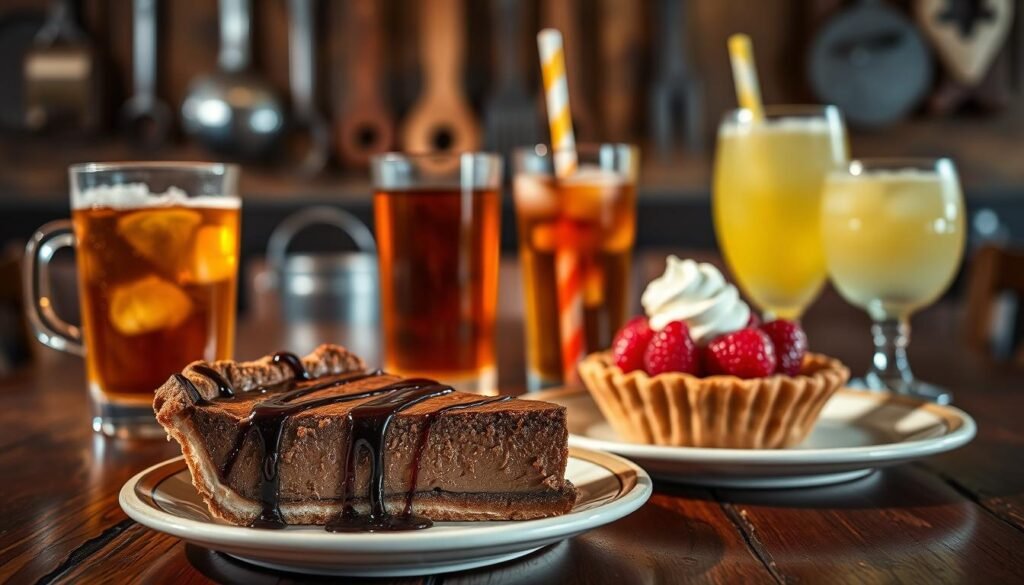A beautifully arranged display of various Cracker Barrel desserts and drinks on a rustic wooden table. In the foreground, a slice of rich chocolate pie with glossy chocolate drizzle, accompanied by a colorful fruit tart topped with fresh berries. Beside them, a chilled glass of sweet tea, condensation glistening on the surface, and a frothy lemonade in a vintage glass. In the middle ground, a cozy dining setting with soft, warm lighting that creates an inviting atmosphere. In the background, blurring the edges, a rustic wall adorned with essential kitchen utensils and a hint of southern charm. The overall mood is warm and inviting, evoking a sense of nostalgia and comfort associated with wholesome southern dining. The image should be captured with a shallow depth of field, emphasizing the desserts and drinks while softly blurring the background for focus.