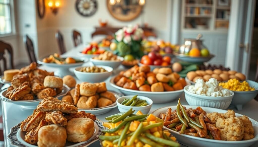 A beautifully arranged lunch and dinner buffet spread, featuring a variety of hearty dishes ideal for feeding a crowd. In the foreground, an elegant table is laden with Southern comfort foods, including fried chicken, biscuits, cornbread, green beans, and mashed potatoes, all served in warm, rustic serving dishes. The middle of the image showcases colorful salads and fruits in decorative bowls, while the background subtly includes a cozy dining area with warm lighting, enhancing the inviting atmosphere. Soft, natural light illuminates the scene, creating a friendly, welcoming vibe. The angle is slightly elevated, offering a comprehensive view of the entire buffet setup, capturing the essence of a cheerful gathering perfect for family and friends.