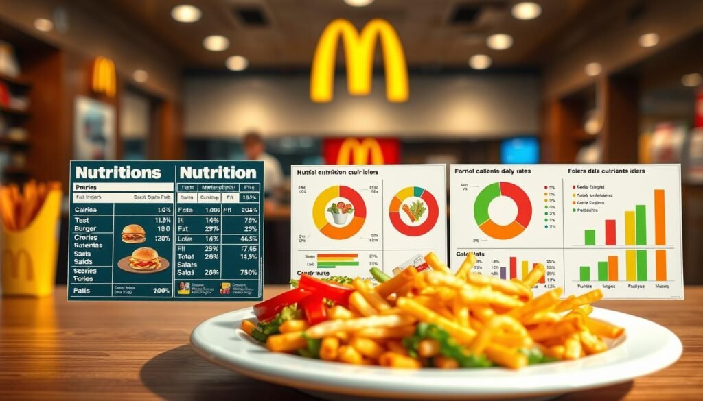 A beautifully arranged nutrition information layout, showcasing detailed charts and colorful icons representing McDonald's menu items. The foreground features a vibrant plate with popular items like burgers, fries, and salads, accompanied by detailed calorie counts and daily value percentages. The middle ground includes pie charts and bar graphs illustrating nutritional elements such as carbohydrates, fats, and proteins, all designed in a sleek, modern style. The background depicts a soft-focus view of a McDonald's restaurant, with warm, inviting lighting to create a friendly atmosphere. The image is taken from a slightly elevated angle to capture all elements clearly, emphasizing a clear and informative presentation of nutrition information. Overall, the mood is educational and engaging, inviting readers to explore the data presented.