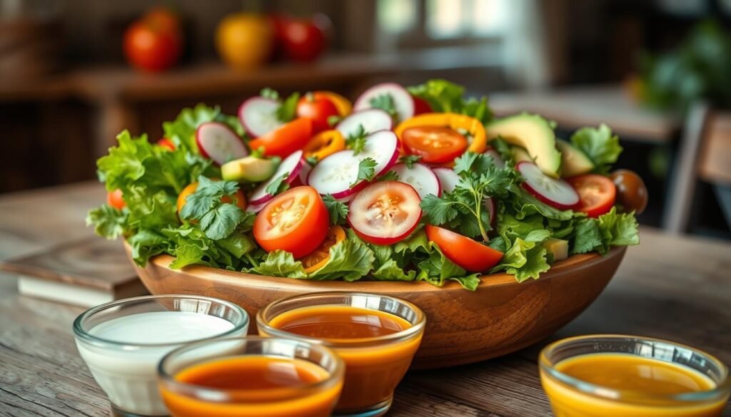 A beautifully arranged salad featuring a vibrant mix of crisp greens, ripe tomatoes, sliced cucumbers, radishes, and colorful bell peppers, all artfully presented in a rustic wooden bowl. In the foreground, small bowls of various dressings, including balsamic vinaigrette, ranch, and honey mustard, are neatly placed, showcasing their rich colors. In the middle ground, fresh herbs and avocado slices are accentuated, enhancing the visual appeal. The background features a softly blurred, rustic table setting, evoking a warm, inviting atmosphere. Soft, natural light spills in from a nearby window, creating a fresh and clean look, while a shallow depth of field focuses on the salad's textures and colors, inviting viewers to explore healthy, allergen-conscious dining options.