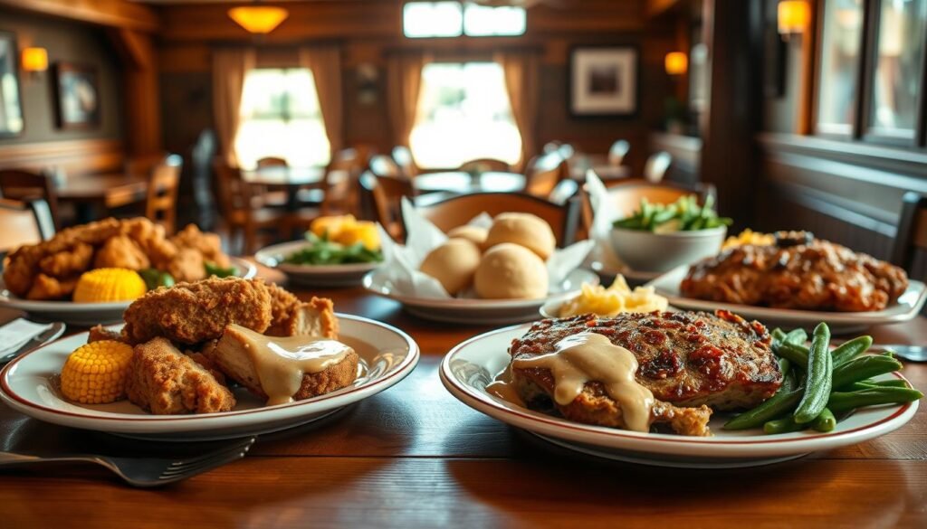 A beautifully arranged selection of Cracker Barrel a la carte entrees, featuring a variety of dishes like crispy fried chicken, savory meatloaf, and grilled catfish, artfully plated with vibrant sides such as buttery corn, creamy mashed potatoes, and fresh green beans. In the foreground, showcase a wooden table set with charming rustic tableware, emphasizing a warm, inviting atmosphere. The middle ground includes a soft-focus view of delicious biscuits and a bowl of country-style gravy. In the background, a softly lit country dining space with warm wooden accents creates a cozy ambiance. The lighting is warm and natural, mimicking late afternoon sunlight for a nostalgic feel. Angle the shot for a slight top-down perspective to capture the vibrant colors and textures of the food.