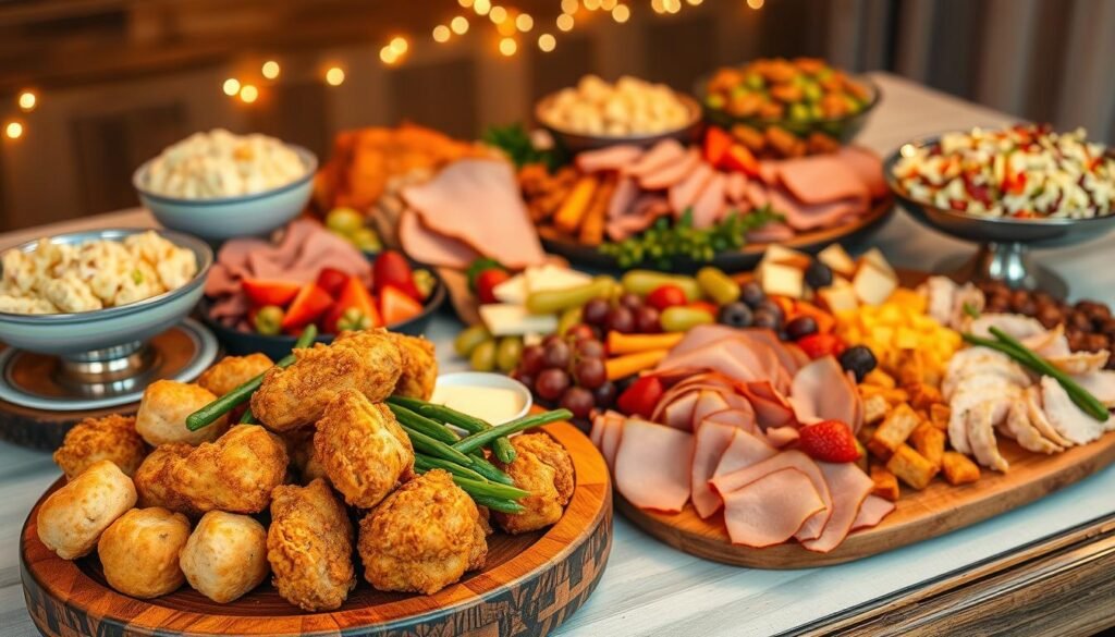 A beautifully arranged selection of party platters ideal for catering, featuring an assortment of delicious items. In the foreground, showcase a large wooden platter filled with crispy fried chicken pieces, golden biscuits, and fresh green beans. Next to it, a colorful array of sliced meats such as smoked turkey and honey-glazed ham, accompanied by various cheeses and fresh fruit like grapes and strawberries. The middle ground presents a few elegant serving bowls overflowing with creamy potato salad and vibrant coleslaw. The background highlights a softly lit rustic table setting, adorned with warm lighting that creates an inviting atmosphere. The overall mood is festive and communal, perfect for a gathering, captured from a slightly elevated angle to encapsulate the whole spread. The image has no text or watermarks, emphasizing the delicious food.