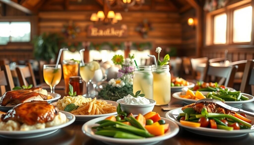 A beautifully arranged table set for a festive Easter dinner at Cracker Barrel, featuring seasonal dine-in specials. In the foreground, an inviting spread of Southern-style dishes, including glazed ham, creamy mashed potatoes, and vibrant spring vegetables, elegantly plated on rustic white china. In the middle ground, a selection of refreshing spring drinks, like sweet tea and fruity lemonade, presented in mason jars adorned with fresh mint. The background showcases a cozy wooden restaurant interior with soft, warm lighting, emphasizing a welcoming atmosphere. Natural light streaming through large windows creates a cheerful ambiance, while delicate floral decorations hint at the spring theme. Overall, the image conveys a sense of warmth, togetherness, and celebration, perfectly capturing the spirit of a holiday dinner.