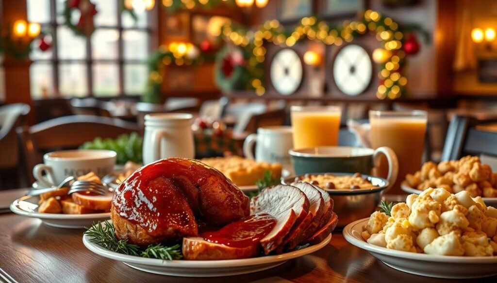 A beautifully arranged table showcasing the Cracker Barrel holiday menu, filled with seasonal favorites. In the foreground, an enticing spread featuring a glazed ham, turkey with cranberry sauce, cornbread stuffing, and mashed potatoes, all garnished with fresh herbs. In the middle, a delightful seasonal dessert display, including pumpkin pie and apple cobbler, alongside festive drinks in comforting mugs. The background features a cozy, warmly lit restaurant interior decorated with holiday ornaments and twinkling lights, evoking a festive atmosphere. The scene is captured with soft, inviting lighting, simulating the golden hour, with a slightly blurred depth of field to emphasize the delicious food in the foreground, conveying warmth, cheer, and a sense of celebration.