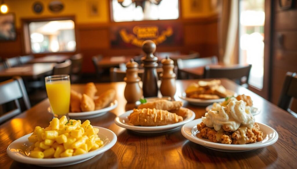 A beautifully arranged tabletop featuring a Cracker Barrel Kids Menu, showcasing colorful, appetizing dishes suited for children. In the foreground, a wooden table displays a variety of meals, including small plates of mac and cheese, chicken tenders, and mashed potatoes, creatively presented to appeal to kids. Each meal is artistically garnished, with a small glass of juice beside them. The middle ground includes a rustic wooden salt and pepper shaker and a small dessert option, like a cookie or fruit cup, adding a sweet touch. In the background, warm, inviting lighting filters through a window, highlighting the casual, family-friendly atmosphere of a Cracker Barrel restaurant. The overall mood feels cheerful and cozy, perfect for a delightful dining experience with kids.