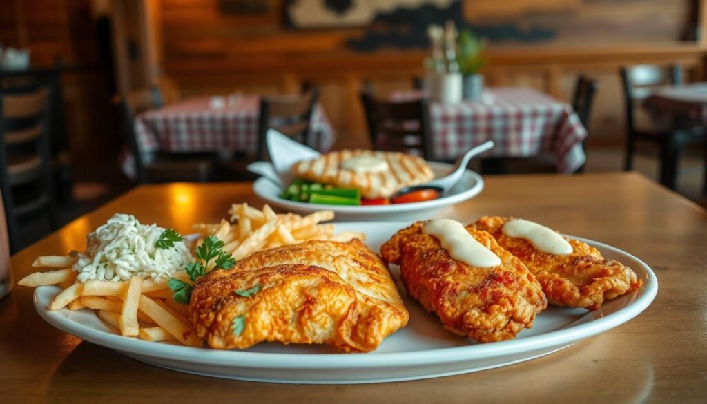 A beautifully plated catfish dish taking center stage in a cozy restaurant setting. The foreground features two pieces of golden-fried catfish, garnished with fresh parsley and served with a side of creamy coleslaw and crispy fries. In the middle ground, a serene table presents a grilled catfish fillet, drizzled with a light lemon butter sauce, accompanied by steamed veggies. Soft, warm lighting casts a gentle glow over the table, enhancing the textures of the food. The background includes rustic wooden elements reminiscent of a traditional Southern eatery, with hints of checkered tablecloths and soft, muted colors creating a welcoming atmosphere. The angle is slightly above eye level, inviting viewers to appreciate the delicious seafood choices while evoking a sense of comfort and nostalgia.