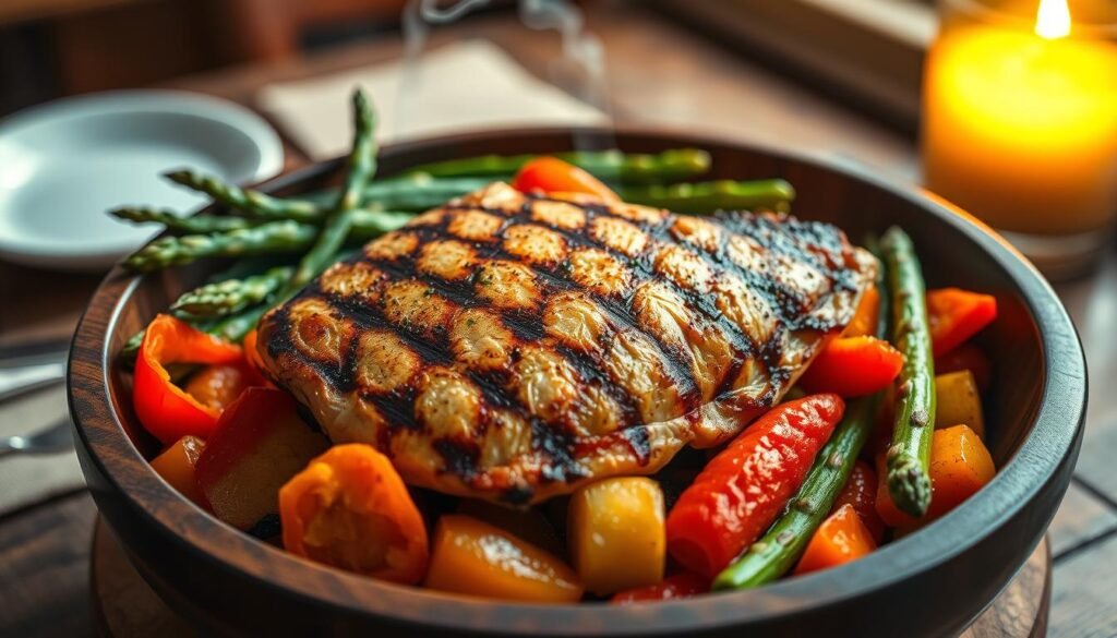 A beautifully plated grilled chicken breast, perfectly charred with golden-brown grill marks, sits center-stage in a rustic wooden bowl. Surrounding the chicken are vibrant, sautéed seasonal vegetables, including bright green asparagus and colorful bell peppers, adding a lively contrast. The background features a softly blurred, inviting dining table with warm, ambient lighting, reminiscent of a cozy country restaurant. A delicate steam rises from the chicken, hinting at its juiciness while conveying warmth and comfort. The scene is captured from a slight overhead angle to emphasize the dish’s textures and colors, creating an atmosphere of homely delight and healthful indulgence. The image should feel inviting and appetizing, with natural lighting enhancing the freshness of the ingredients.