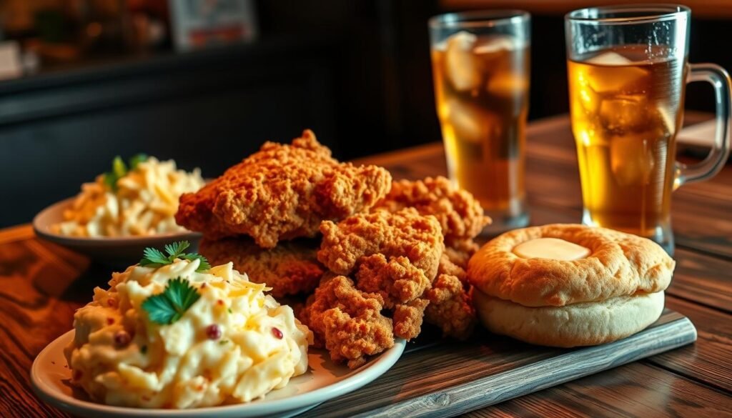 A beautifully plated serving of Southern fried chicken, featuring golden-brown, crispy pieces stacked artfully on a rustic wooden table. In the foreground, a side of creamy coleslaw and fluffy mashed potatoes, garnished with fresh parsley, complements the dish, while a warm biscuit rests nearby, with a pat of melting butter on top. The middle ground showcases a cozy diner setting with warm, ambient lighting to evoke a comforting feel. A glass of iced tea with condensation glistening under the light sits in the background, hinting at a nostalgic Southern dining experience. The photograph is captured from a slight overhead angle to highlight the textures and colors of the food, creating an inviting, homely atmosphere perfect for showcasing Southern comfort food.