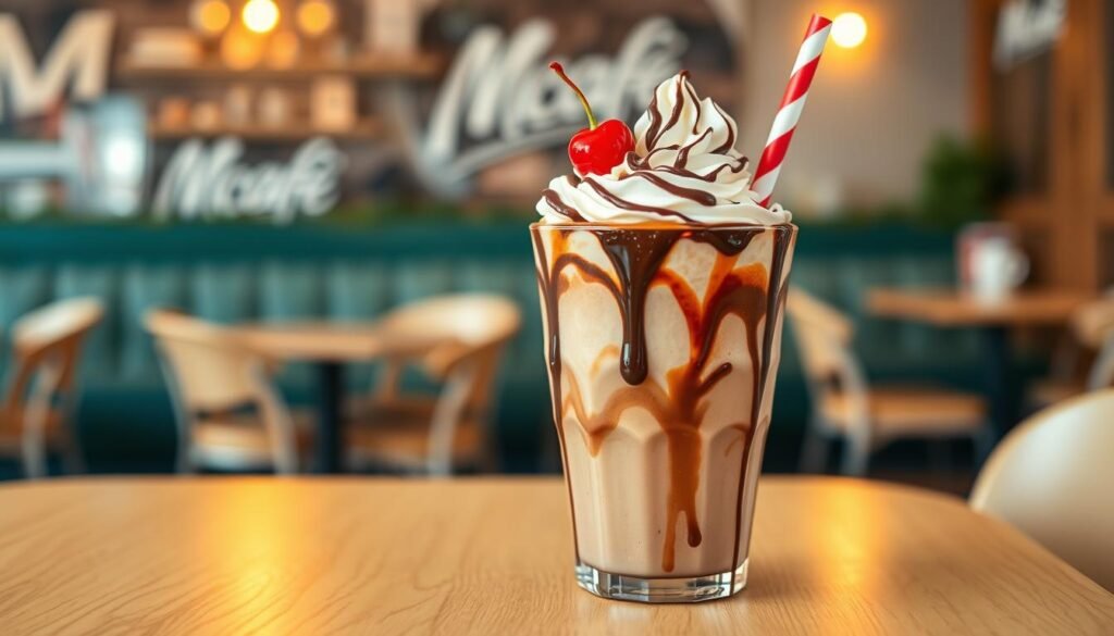 A beautifully styled McDonald's frappe treat, featuring a creamy, swirl-topped mocha frappé in a clear cup adorned with a generous drizzle of chocolate syrup and a sprinkle of whipped cream. The foreground showcases the frappé with colorful, inviting accents like a maraschino cherry on top and a decorative straw. In the middle ground, a light wooden table contrasts with the frappé, adding warmth to the scene. The background features a soft-focus cafe atmosphere, with blurred details of McCafé branding and cozy seating. The scene is illuminated by warm, natural light, enhancing the inviting mood. Capture this from a slightly angled top-down perspective, emphasizing the treat's textures and vibrant colors. The overall atmosphere is friendly and inviting, ideal for coffee lovers looking for a sweet indulgence.