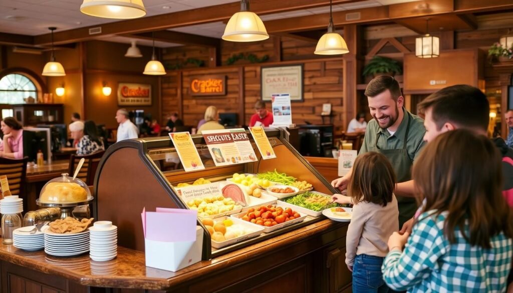 A bustling Cracker Barrel restaurant during Easter, focused on the ordering pickup area. In the foreground, a friendly staff member wearing a professional apron stands at the counter, smiling and assisting a family who is selecting their Easter meal. In the middle, a well-organized display showcases the special Easter menu items, including ham, biscuits, and seasonal sides, all beautifully arranged in warm, inviting colors. The background features rustic wooden decor typical of Cracker Barrel, with charming touches like vintage signs and a cozy seating area, softly lit by warm pendant lights. The overall atmosphere is cheerful and festive, capturing the spirit of family gatherings during the Easter holiday.