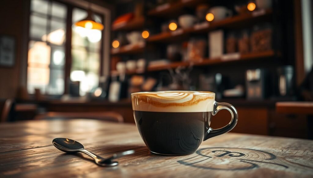 A close-up shot of a steaming cup of freshly brewed coffee on a rustic wooden table, with a soft focus on the coffee's rich, dark surface reflecting a warm glow. The foreground features a delicate teaspoon resting beside the cup, while the middle area highlights the intricate latte art swirling atop the coffee. In the background, a cozy café ambiance with blurred images of shelves filled with coffee beans and a warm lighting setup, creating an inviting atmosphere. The scene exudes a sense of comfort and indulgence, perfect for a relaxing moment. Soft, natural light filters through a nearby window, adding warmth and enhancing the rich browns and creamy whites of the coffee.