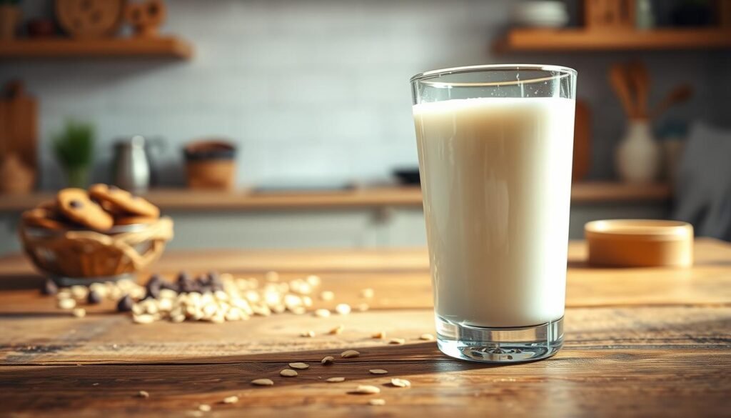 A close-up view of a glass of fresh milk, placed prominently in the foreground. The glass is filled to the brim, with creamy, white milk glistening under soft, natural lighting that creates gentle shadows. In the middle ground, a rustic wooden table adds a warm touch, with a few scattered oats and a small bowl of chocolate chip cookies to evoke the idea of pairings often enjoyed with milk. The background features a softly blurred kitchen setting, hinting at a cozy, inviting atmosphere. The image should convey a sense of freshness and purity, emphasizing the wholesome qualities of milk, perfect for a nutrition-focused context. Lens focus should be sharp on the milk glass, with a shallow depth of field to draw the viewer's attention directly to the subject.