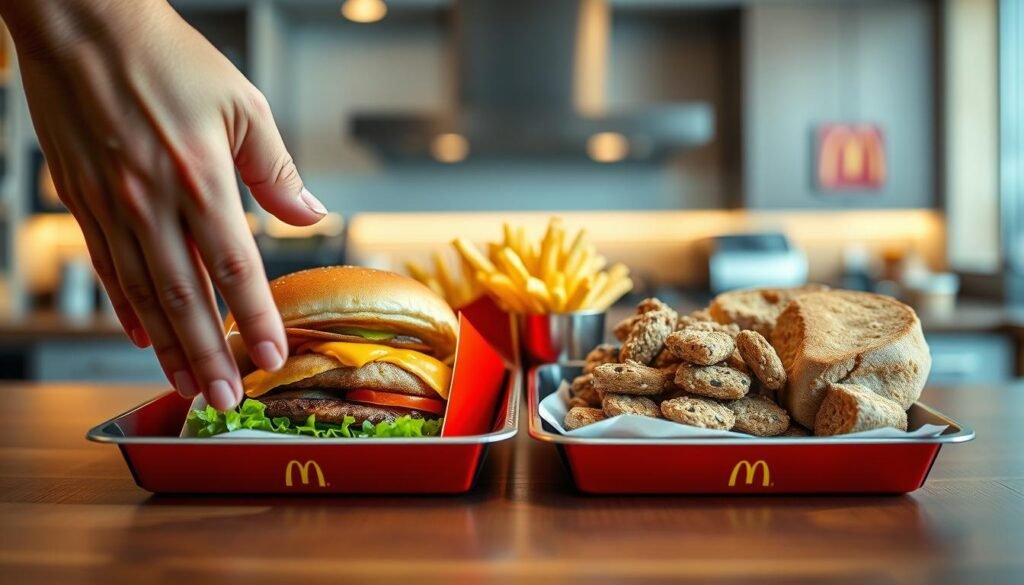 A close-up view of two fast-food trays side by side on a table, one containing a classic McDonald's burger and fries, and the other holding various allergenic foods like peanuts, sesame seeds, and gluten-rich bread. In the foreground, a hand reaches towards the allergenic tray, showcasing a cautious gesture. The middle ground focuses on the contrasting trays, with vibrant colors highlighting the fresh ingredients against the allergenic items. In the background, a blurred kitchen setting emphasizes food safety and awareness, with warm, inviting lighting creating a serious yet educational mood. The image should be shot from a slightly elevated angle, capturing the tension of cross-contamination while maintaining a professional and informative atmosphere. No text or logos are present.