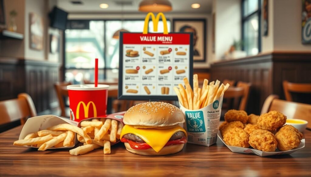 A colorful overhead shot of a McDonald's value menu spread on a wooden table. The foreground features an assortment of iconic dollar menu items, such as a cheeseburger, small fries, a soft drink, and chicken nuggets, all arranged artfully to highlight their textures and colors. In the middle ground, a tasteful menu board is subtly integrated, showcasing prices and illustrations of each item in a way that feels inviting yet unobtrusive. The background includes a soft-focus view of a cozy restaurant setting, with natural daylight filtering in through a window, creating a warm and welcoming atmosphere. The scene presents a casual dining vibe, perfect for enjoying budget-friendly meals.
