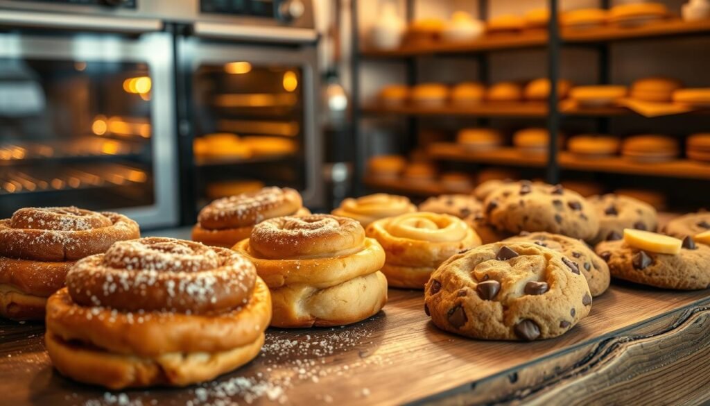 A cozy bakery scene featuring an array of warm, freshly baked treats. In the foreground, a rustic wooden table is adorned with cinnamon-sugar dusted pastries, including flaky cinnamon rolls, golden-brown apple dumplings, and rich chocolate chip cookies, all oozing warmth and indulgence. The middle ground displays a slightly open oven emitting a soft glow, casting a warm light across the treats, enhancing their delicious, mouthwatering appearance. In the background, a softly blurred bakery shelf lined with various sweet desserts, hinting at a homey, inviting atmosphere. The lighting should be soft and warm, reminiscent of a golden hour glow, creating a comforting mood that evokes nostalgia and sweetness. The angle should be slightly overhead, capturing a well-composed view of this tempting tableau, free from any text or distractions.