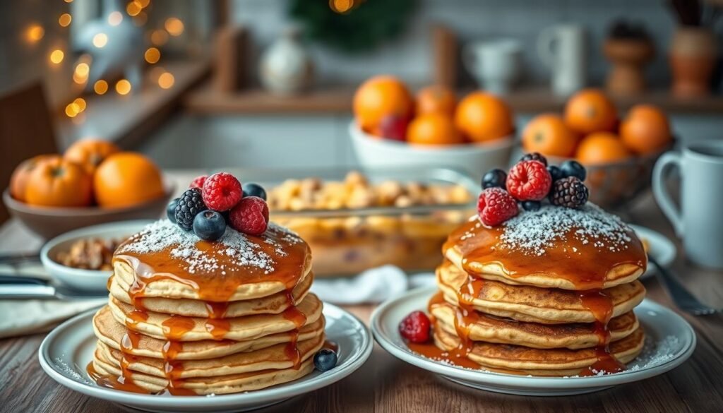 A cozy breakfast table set for a festive morning, featuring a spread of delicious holiday-themed dishes. In the foreground, display fluffy buttermilk pancakes stacked high, drizzled with rich maple syrup, and garnished with fresh berries and a dusting of powdered sugar. Place a golden-brown casserole dish filled with savory egg and sausage bake in the middle. Include a vibrant fruit bowl with seasonal fruits like oranges and pomegranates. In the background, subtly show a warm kitchen ambiance with softly glowing holiday lights. Use natural soft lighting to evoke a welcoming atmosphere, captured from a slightly elevated angle to showcase the delightful arrangement of the breakfast spread. Emphasize warmth and joy, inviting viewers to enjoy the comfort of festive mornings.
