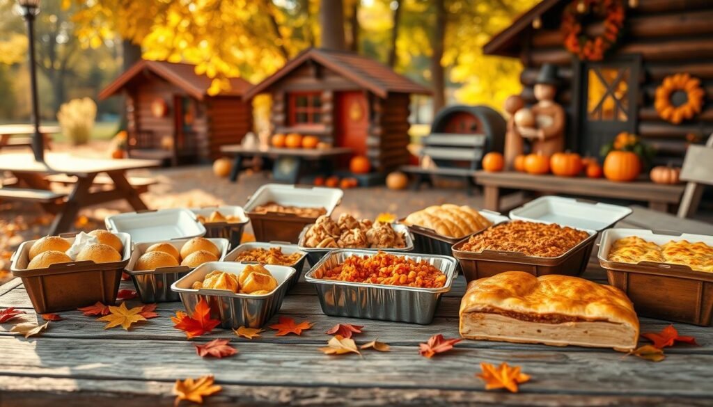 A cozy, rustic Cracker Barrel outdoor setup during the fall season, featuring a wooden picnic table adorned with seasonal dishes like pumpkin muffins, hearty casseroles, and apple pie. The foreground showcases a warm, inviting spread of takeout containers filled with comforting, festive food. In the middle ground, vibrant autumn leaves sprinkle the scene, complementing the rich colors of the food. The background includes charming wooden log cabins and pumpkin decorations, bathed in soft afternoon sunlight streaming through trees. A slightly blurred perspective brings focus to the food while creating a welcoming, nostalgic atmosphere that reflects the warmth of holiday gatherings. Ideal for capturing the essence of seasonal takeout delights.