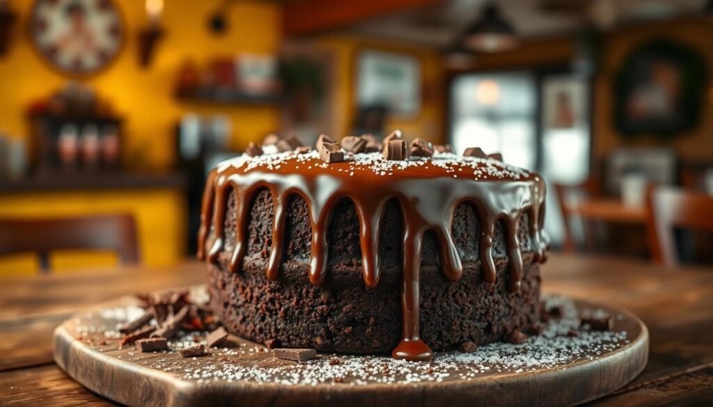 A delectable double chocolate fudge Coca-Cola® cake, elegantly presented on a rustic wooden table. The cake is layered with rich, dark chocolate fudge, and a glossy Coca-Cola® glaze drips down its sides, creating a luscious texture. Surrounding the cake are delicate chocolate shavings and a sprinkle of powdered sugar for a touch of sweetness. In the background, softly blurred, a cozy home-style café ambiance with warm lighting enhances the inviting atmosphere. The scene is captured with a shallow depth of field, focusing on the cake in the foreground, while the warm yellow and brown tones of the background create a welcoming mood perfect for showcasing one of Cracker Barrel's signature desserts. The lighting is soft and diffuse, highlighting the cake's glossy finish without harsh shadows.