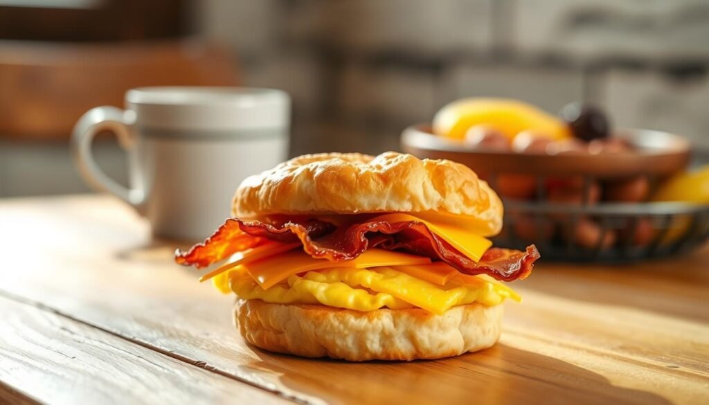 A delicious, freshly made bacon, egg, and cheese sandwich on a warm, buttery biscuit, prominently displayed in the foreground. The sandwich features perfectly cooked scrambled eggs, melted cheddar cheese, and crispy bacon strips, all within a golden, flaky biscuit. In the middle background, a rustic wooden table adds texture, while a blurred coffee cup and a side of fresh fruit create an inviting atmosphere. Soft, natural daylight streams in from a nearby window, highlighting the sandwich's appetizing details and enhancing the warm tones of the ingredients. The focus is sharp on the sandwich, giving it a mouth-watering allure, while the background remains softly blurred to emphasize the hearty meal’s appeal.