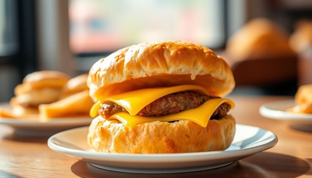 A freshly made breakfast sausage biscuit, glistening with a golden-brown crust, sits prominently in the foreground. The fluffy biscuit is perfectly split, revealing a juicy sausage patty and a slice of melted cheese oozing slightly. The textures of the biscuit are detailed, showcasing its flaky layers. In the middle ground, a simple plate enhances the warm and comforting feel of the meal. Soft morning light streams in from the side, casting gentle shadows and highlighting the biscuit’s sheen. The background features a subtle, blurred café setting with soft colors that evoke a welcoming atmosphere, ideal for breakfast. The scene has a warm and inviting mood, capturing the essence of a satisfying breakfast deal under $3.