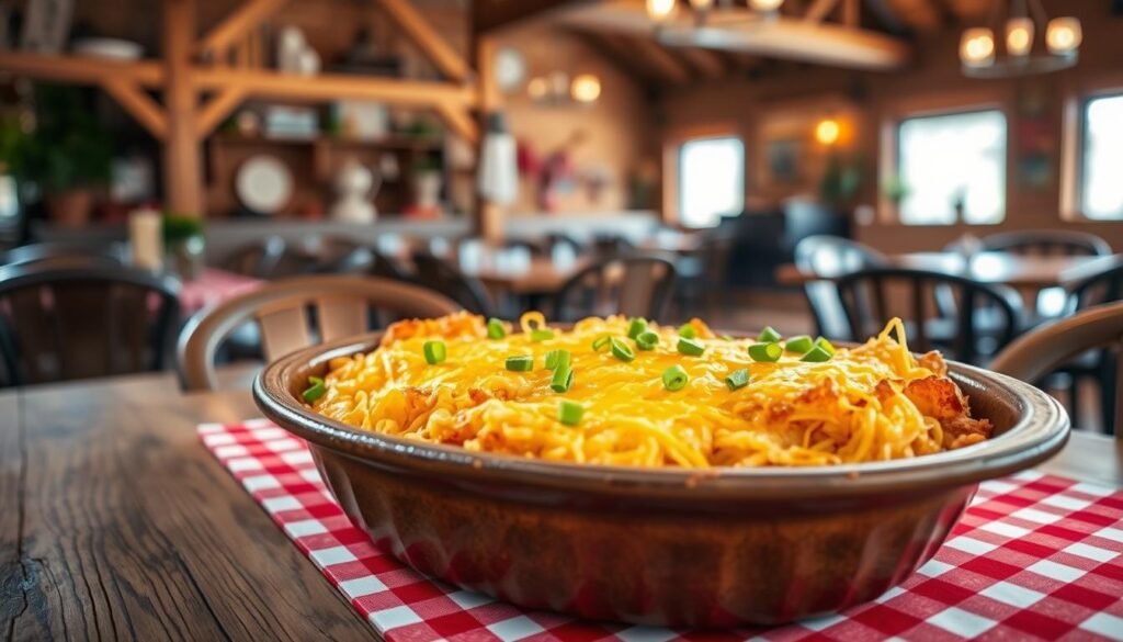 A golden hashbrown casserole, bubbling and crispy, sits in a rustic oval baking dish. The foreground features the casserole topped with melted cheese, sprinkled with green onions for a pop of color. The middle ground includes a wooden dining table, adorned with a cozy red-and-white checkered tablecloth, providing a homely touch. Soft, natural lighting creates a warm ambiance, highlighting the textures of the hashbrowns and cheese. In the background, a blurred restaurant setting reflects a country-style decor with wooden beams and vintage farm-inspired accents. The atmosphere is inviting and comforting, perfect for a casual dining experience. Capture the essence of Southern comfort food in this aesthetically pleasing scene, ensuring no text or branding appears in the image.