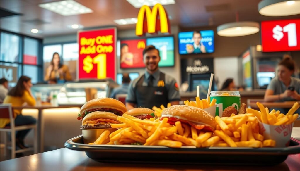 A vibrant and appetizing scene showcasing a McDonald's restaurant interior, featuring a prominent display of the "Buy One, Add One for $1" deal. In the foreground, a delicious assortment of iconic McDonald's items, such as burgers, fries, and drinks, is arranged enticingly on a tray. The middle ground displays a well-lit counter with a friendly staff member in a professional McDonald's uniform, engaging with customers. In the background, colorful promotional signage highlights the offer, illuminating the dining area with warm, inviting lighting. The atmosphere is cheerful and bustling, capturing the excitement of diners enjoying their meals. The composition should be bright, with soft focus on the background to emphasize the food items in the foreground.