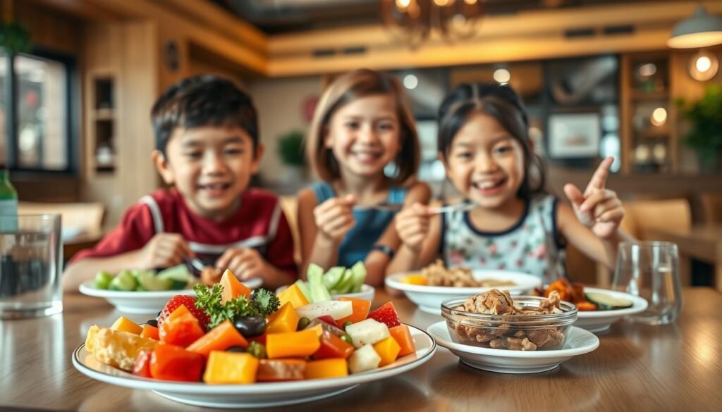A vibrant and colorful scene depicting a kid-friendly dining experience at a table filled with healthy meal options. In the foreground, a plate of assorted nutritious foods including fresh fruits, vegetables, and a small serving of a wholesome entree, all arranged appealingly for children. In the middle ground, two kids—one boy and one girl, both around 7-8 years old, dressed in casual, modest clothing—enthusiastically enjoying their meals with smiles. The background features a cozy restaurant atmosphere with wooden decor and soft, warm lighting that creates a welcoming vibe. Use a wide-angle lens perspective to capture the table setting and the joyful interaction between the kids, conveying a sense of family-friendly fun and healthy eating choices. The overall mood should be lively and cheerful, emphasizing nutritious meals for children. A vibrant and colorful scene depicting a kid-friendly dining experience at a table filled with healthy meal options. In the foreground, a plate of assorted nutritious foods including fresh fruits, vegetables, and a small serving of a wholesome entree, all arranged appealingly for children. In the middle ground, two kids—one boy and one girl, both around 7-8 years old, dressed in casual, modest clothing—enthusiastically enjoying their meals with smiles. The background features a cozy restaurant atmosphere with wooden decor and soft, warm lighting that creates a welcoming vibe. Use a wide-angle lens perspective to capture the table setting and the joyful interaction between the kids, conveying a sense of family-friendly fun and healthy eating choices. The overall mood should be lively and cheerful, emphasizing nutritious meals for children.