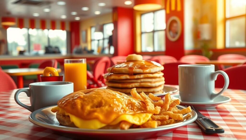 A vibrant and inviting McDonald’s breakfast scene, featuring a beautifully arranged table with an array of popular breakfast items. In the foreground, a golden, flaky Egg McMuffin, crispy hash browns, and a steaming cup of fresh coffee sit atop a red and white checkered tablecloth. In the middle, a glistening stack of hot pancakes with syrup drizzled on top, alongside a refreshing orange juice in a clear glass. The background showcases a bright and cheerful McDonald's restaurant interior, with colorful décor and warm lighting. A soft-focus lens captures the warm morning light streaming through the windows, creating a cozy and welcoming atmosphere, perfect for enjoying breakfast.