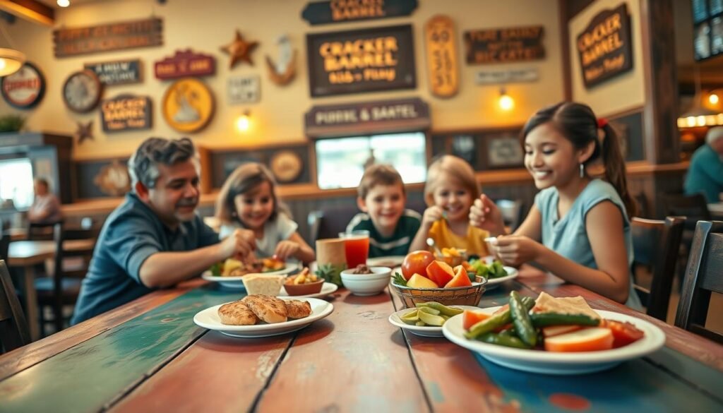 A vibrant, family-friendly dining scene at a Cracker Barrel restaurant, showcasing a well-balanced meal from the kids' menu. In the foreground, a colorful wooden table is adorned with nutritious dishes like grilled chicken tenders, fresh fruit, and steamed vegetables, appealing to both children and parents. In the middle ground, a family of four (two adults, two kids) enjoys their meal, all dressed in subtle, casual clothing. The background features Cracker Barrel's rustic decor, with vintage signs and wooden accents, bathed in warm, inviting lighting that creates a cozy atmosphere. The photo is taken from a slightly elevated angle, capturing the joy and connection among family members, emphasizing healthy eating in a welcoming restaurant environment.