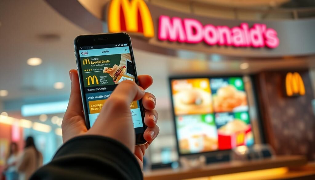 A vibrant, modern smartphone displaying the McDonald's app on its screen, prominently showing exciting special deals, rewards points, and a mobile ordering interface. In the foreground, a hand, dressed in a stylish sleeve, is interacting with the smartphone. The middle layer features a bright, inviting McDonald's restaurant with a large, colorful menu board visible in the background, emphasizing the latest offers. Soft, warm lighting creates a welcoming atmosphere, with a slight bokeh effect separating the foreground from the background. The angle is slightly above eye level, focusing on the interaction between the user and the phone, conveying a sense of convenience and excitement surrounding mobile deals and rewards.