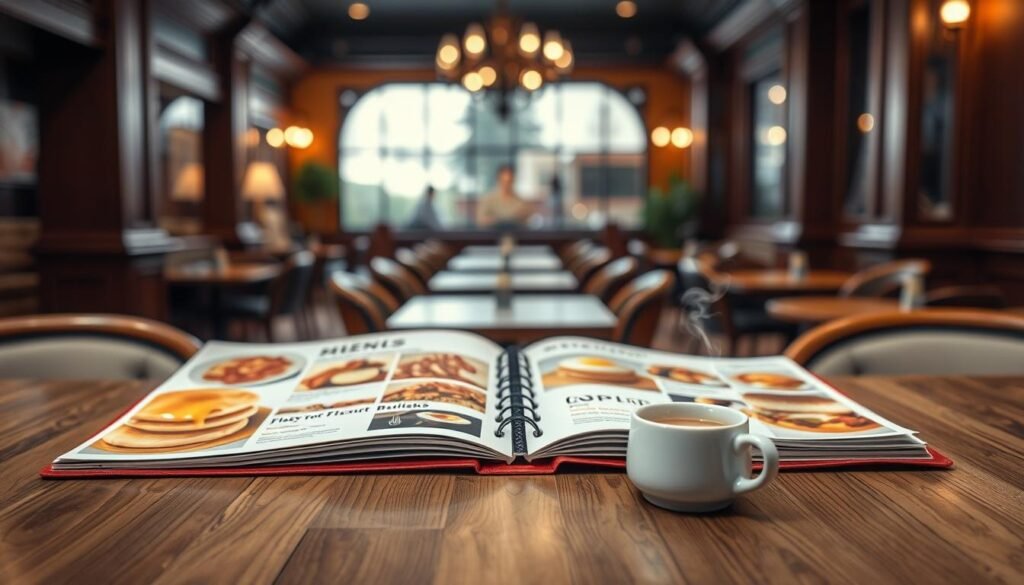 A visually appealing and inviting breakfast menu displayed on a wooden table in a cozy café setting. The foreground features an open menu with colorful images of popular breakfast items, including fluffy pancakes, crispy bacon, and egg sandwiches, alongside a steaming cup of coffee. In the middle ground, a soft-focus background reveals an elegant restaurant interior with warm lighting that creates a welcoming atmosphere. The camera angle is slightly above eye level, capturing the menu and breakfast items from a dynamic perspective. The overall mood is friendly and relaxed, suggesting a pleasant dining experience during breakfast hours. The image should not contain any text, captions, or watermarks, ensuring that it focuses solely on the visual appeal of the breakfast menu.
