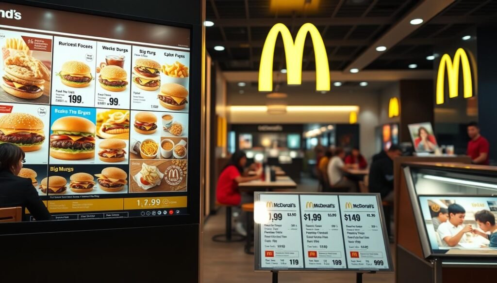 A visually engaging composition centered around a McDonald's menu board showcasing various menu items with their prices prominently displayed. In the foreground, a detailed menu board features colorful images of popular items like Big Macs, fries, and beverages, with clear price tags underneath each dish. The middle ground includes a sleek, modern McDonald's restaurant interior, with customers enjoying their meals in a clean, vibrant atmosphere. In the background, soft lighting creates an inviting ambiance, highlighting the golden arches logo subtly. The scene is viewed from a slightly elevated angle to capture both the menu and the bustling restaurant space effectively. The overall mood is upbeat and welcoming, reflecting a casual dining experience focused on prices and nutritional aspects.