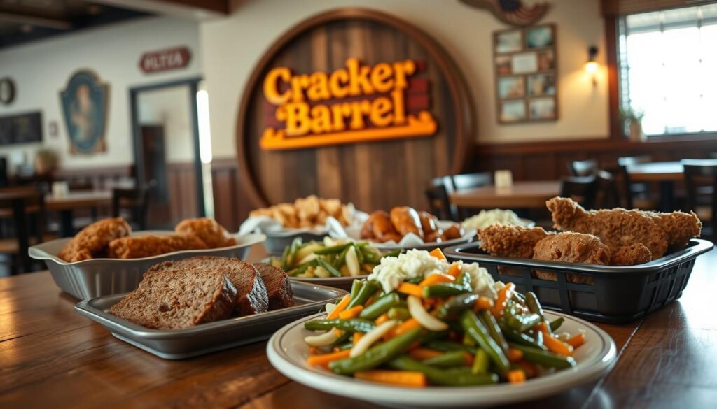A warm, inviting Cracker Barrel restaurant scene featuring a selection of daily specials prominently displayed on a rustic wooden table. In the foreground, a beautifully arranged takeout spread showcasing hearty comfort food: savory meatloaf, crispy fried chicken, and colorful sides like green beans and coleslaw in charming dishes. The middle ground includes the iconic Cracker Barrel wooden sign, emphasizing the brand, and a cozy, welcoming décor with vintage Americana elements. In the background, soft natural lighting filters through a nearby window, casting a gentle glow over the scene. The atmosphere is homey and nostalgic, perfect for showcasing daily specials, evoking feelings of comfort and southern hospitality. A slight depth of field adds focus to the food, capturing the scrumptious details without distractions.