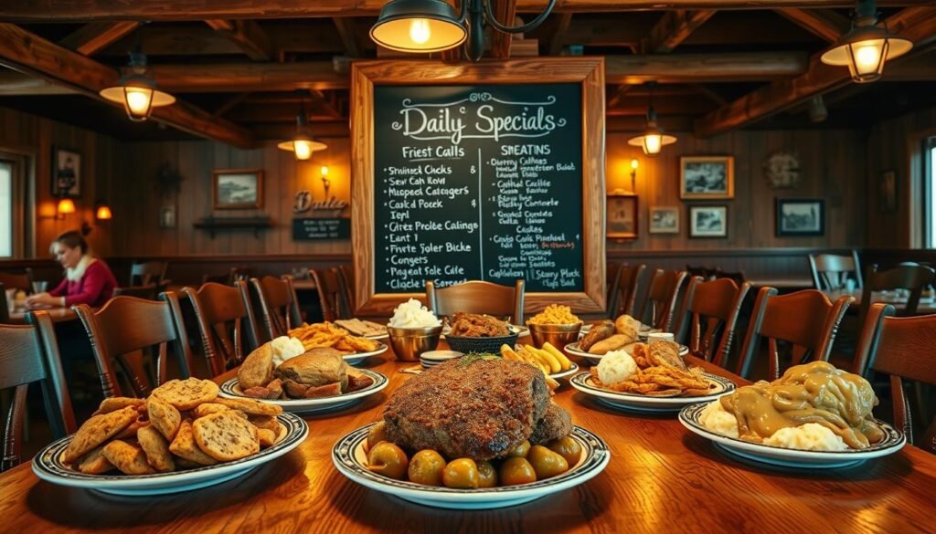 A warm, inviting scene inside a rustic Cracker Barrel restaurant showcasing a daily specials menu board. In the foreground, display a beautiful wooden tabletop adorned with a vibrant array of home-cooked dishes, including fried chicken, meatloaf, and mashed potatoes with gravy, all beautifully arranged in traditional country-style plates. In the middle, emphasize a chalkboard menu featuring daily specials, handwritten in a charming font, surrounded by country decor like rocking chairs and warm lighting from vintage hanging lamps. In the background, depict a cozy interior with exposed wooden beams and vintage photographs on the walls, enhancing the homely atmosphere. The lighting should be soft and warm, creating a welcoming mood that invites diners to enjoy their meal. The angle should be slightly elevated, providing a comprehensive view of the table and the menu, emphasizing the hearty, comforting feel of Cracker Barrel.