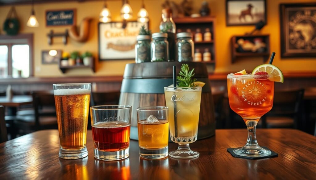 A warmly lit table inside a cozy Cracker Barrel restaurant, featuring a selection of beautifully arranged alcoholic beverages. In the foreground, a rustic wooden table displays a variety of drinks: a chilled craft beer in a tall glass, a classic whiskey on the rocks in a crystal tumbler, and a vibrant cocktail garnished with fresh fruit. In the middle, a vintage wooden barrel serves as a backdrop, decorated with decorative mason jars filled with herbs and spices. The background includes authentic Cracker Barrel decor, such as rustic wooden shelves and country-themed artwork, creating a welcoming atmosphere. Soft, ambient lighting enhances the inviting feel, with a shallow depth of field focusing on the drinks. The mood is casual yet sophisticated, perfect for a relaxing dining experience.