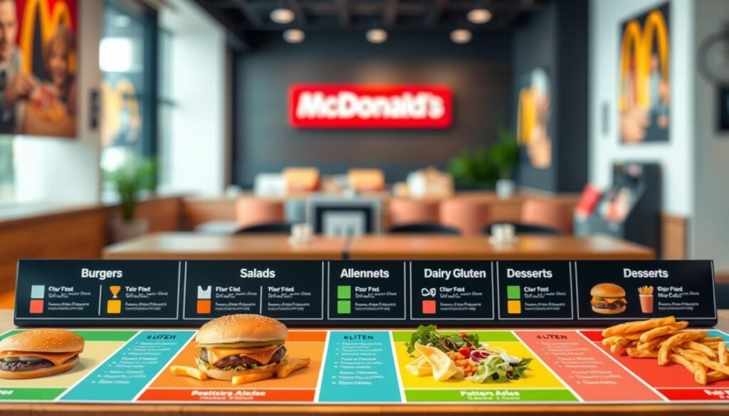 An allergen directory layout designed for a McDonald's menu, illustrating various menu categories such as burgers, salads, and desserts. Foreground features a colorful, neatly organized table with categorized sections; each has representative food items (like a burger, fries, and salad) artfully arranged. In the middle, visible allergen symbols (like peanut, dairy, gluten) next to each category, adding clarity to the image. The background features a subtle, blurred restaurant setting that evokes a welcoming atmosphere. Use bright, natural lighting to create an inviting feel, and ensure the composition is viewed from a slight overhead angle for an informative perspective. The overall mood is professional yet approachable, promoting safety and awareness.