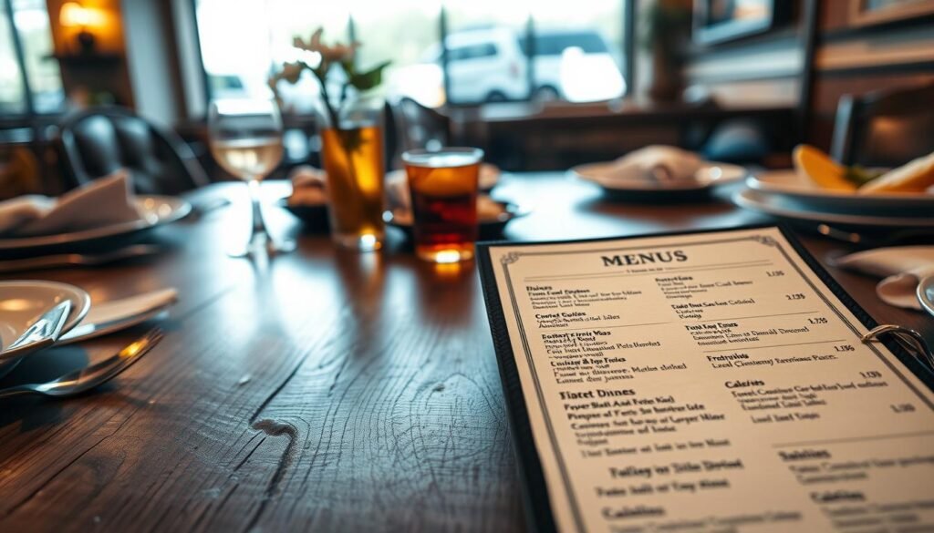 An elegant restaurant table setting featuring a detailed menu that lists various dinner items, prices, and calorie information. The menu is prominently displayed in the foreground on a rustic wooden table, surrounded by appealing dinner plates, cutlery, and a small decorative item like a flower vase. Soft, warm lighting casts a cozy ambiance, highlighting the textures of the table and food. In the middle ground, a slightly blurred glass of iced tea and a side dish can be seen, adding a touch of homely warmth. In the background, subtle hints of a restaurant interior can be glimpsed, with muted colors to maintain focus on the menu. The overall mood is inviting and informative, perfect for a dining experience. An elegant restaurant table setting featuring a detailed menu that lists various dinner items, prices, and calorie information. The menu is prominently displayed in the foreground on a rustic wooden table, surrounded by appealing dinner plates, cutlery, and a small decorative item like a flower vase. Soft, warm lighting casts a cozy ambiance, highlighting the textures of the table and food. In the middle ground, a slightly blurred glass of iced tea and a side dish can be seen, adding a touch of homely warmth. In the background, subtle hints of a restaurant interior can be glimpsed, with muted colors to maintain focus on the menu. The overall mood is inviting and informative, perfect for a dining experience.