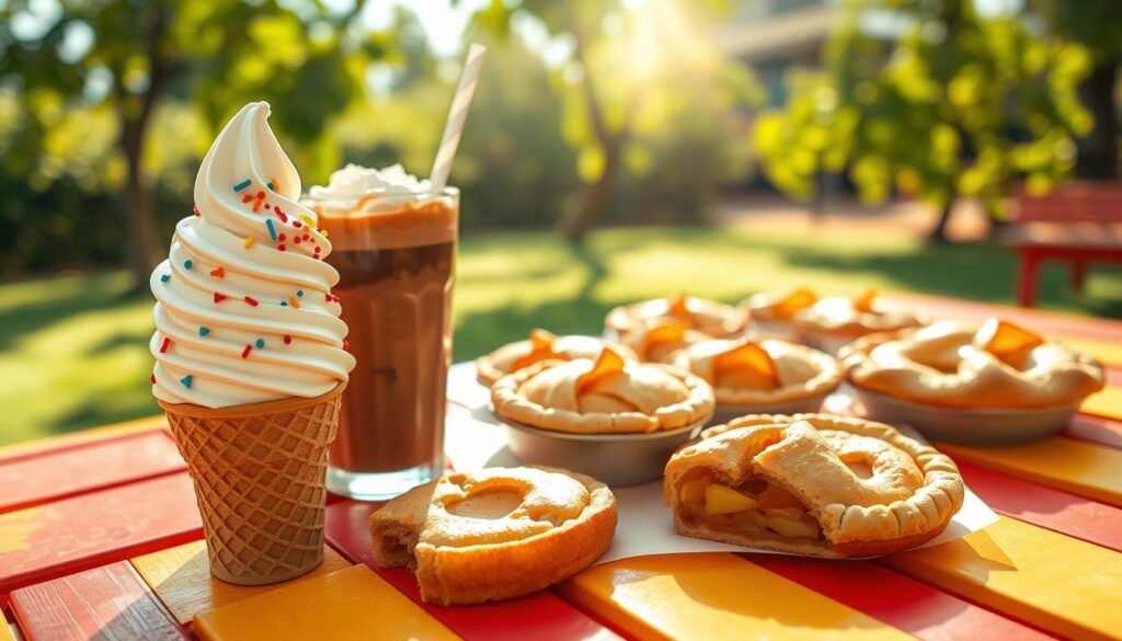 Delicious assortment of McDonald's desserts displayed on a vibrant picnic table. In the foreground, a creamy soft serve cone with a glossy swirl of vanilla ice cream and colorful sprinkles, alongside a rich chocolate shake, garnished with whipped cream. In the middle, an array of freshly baked apple pie slices, their crust golden and flaky. The background features a cheerful outdoor setting with soft sunlight filtering through leaves, creating a warm, inviting atmosphere. A lens flare adds a dreamy effect to the scene. The image captures a sense of indulgence and happiness, perfect for appealing to dessert lovers.
