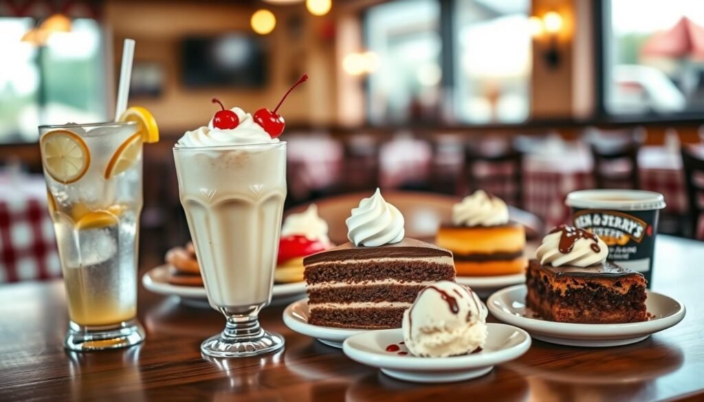 A beautifully arranged flat lay of Papa Gino's menu featuring categories of drinks, desserts, and Ben & Jerry's offerings. In the foreground, showcase a sparkling glass of soda with ice and lemon slices, alongside a creamy milkshake topped with whipped cream and a cherry. In the middle, include an assortment of colorful desserts, such as chocolate cake, tiramisu, and a scoop of Ben & Jerry's ice cream in various flavors, artfully presented on small plates. The background should feature blurred restaurant elements, like checkered tablecloths and warm ambient lighting to create a cozy atmosphere. Use soft focus with a shallow depth of field to draw attention to the food items, enhancing the inviting mood of a classic Italian dining experience.