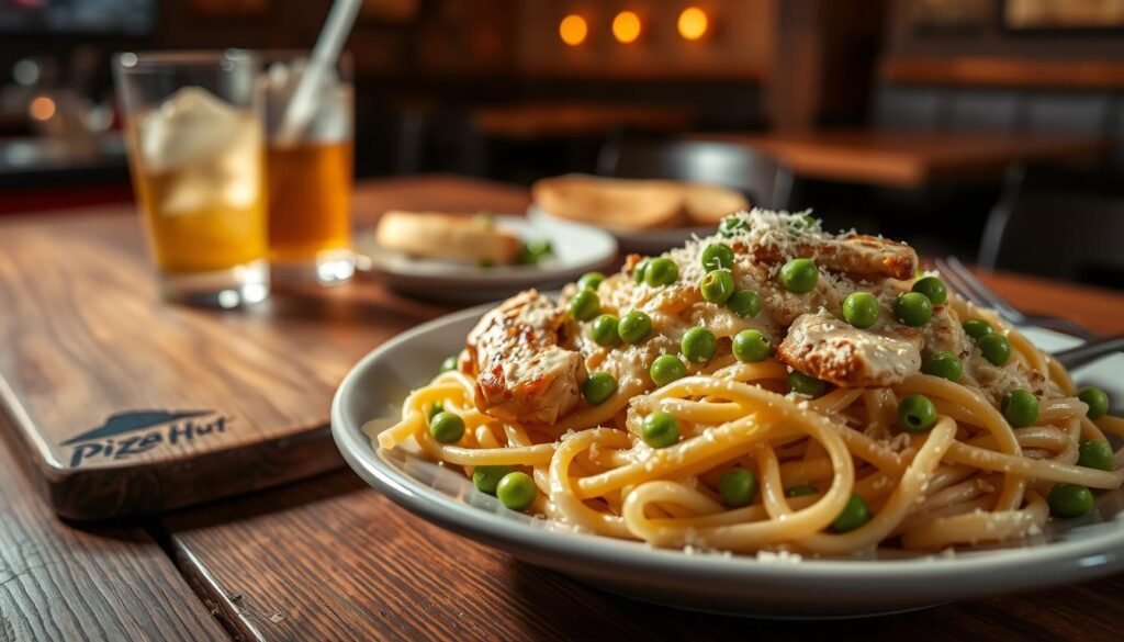 A beautifully arranged plate of Pizza Hut pasta, showcasing a generous serving of creamy Alfredo pasta topped with grilled chicken, vibrant green peas, and sprinkled with Parmesan cheese. The foreground features a close-up of the pasta dish, glistening with a rich sauce that captures the light. In the middle ground, there's a rustic wooden table setting with a glass of iced drink and a side of garlic bread, adding warmth and contrast to the scene. The background subtly hints at a cozy Pizza Hut ambiance, with soft, warm lighting illuminating the scene, creating an inviting atmosphere. The angle is slightly overhead, emphasizing the pasta's texture and delicious details, evoking a sense of craving and comfort. A beautifully arranged plate of Pizza Hut pasta, showcasing a generous serving of creamy Alfredo pasta topped with grilled chicken, vibrant green peas, and sprinkled with Parmesan cheese. The foreground features a close-up of the pasta dish, glistening with a rich sauce that captures the light. In the middle ground, there's a rustic wooden table setting with a glass of iced drink and a side of garlic bread, adding warmth and contrast to the scene. The background subtly hints at a cozy Pizza Hut ambiance, with soft, warm lighting illuminating the scene, creating an inviting atmosphere. The angle is slightly overhead, emphasizing the pasta's texture and delicious details, evoking a sense of craving and comfort.