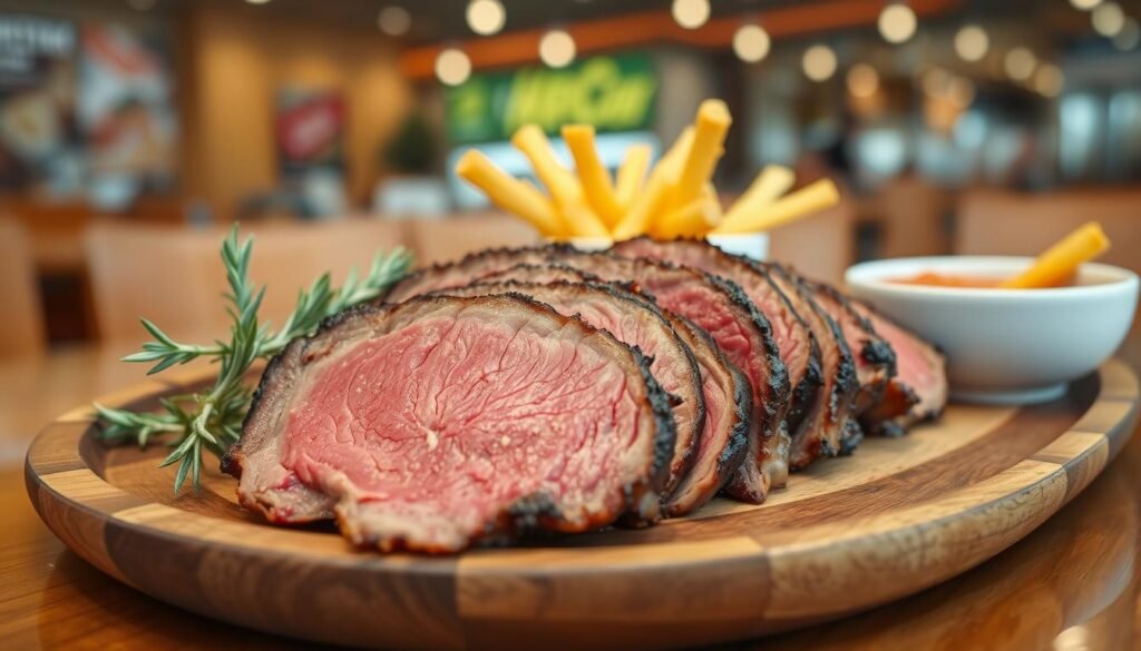 A beautifully arranged plate of tender, juicy roast beef, showcasing rich marbling and warm, caramelized edges. The foreground features a generous serving on a rustic wooden platter, adorned with fresh herbs like rosemary and thyme for a pop of color. In the middle ground, a side of crispy golden fries is presented in a white ceramic bowl, with a small cup of zesty dipping sauce. The background subtly includes a blurred fast food restaurant interior, hinting at a casual dining atmosphere. Soft, warm lighting bathes the scene, creating an inviting and appetizing mood. The camera angle captures the dish at a slightly elevated perspective, emphasizing the textures and details of the roast beef. No text or logos are visible, ensuring a clean, professional presentation.