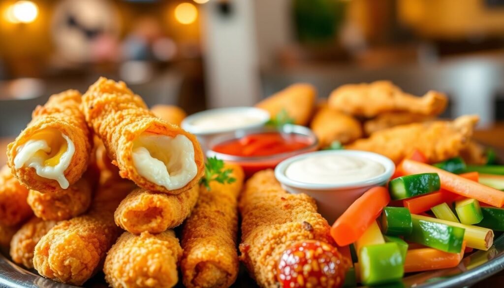 A beautifully arranged platter of Papa Gino's shareables featuring crispy mozzarella sticks, golden-brown chicken tenders, and a colorful array of fresh vegetables served with creamy dipping sauces. In the foreground, focus on the appetizing textures and details: melted cheese oozing from the mozzarella sticks and the golden crust of the chicken tenders. In the middle, include a small bowl of marinara sauce and a few sprigs of parsley for garnish, enhancing the visual appeal. The background should be softly blurred, possibly showing a cozy restaurant setting with warm lighting, evoking a friendly and inviting atmosphere. The overall mood should be casual and enjoyable, capturing the essence of sharing delicious appetizers. A beautifully arranged platter of Papa Gino's shareables featuring crispy mozzarella sticks, golden-brown chicken tenders, and a colorful array of fresh vegetables served with creamy dipping sauces. In the foreground, focus on the appetizing textures and details: melted cheese oozing from the mozzarella sticks and the golden crust of the chicken tenders. In the middle, include a small bowl of marinara sauce and a few sprigs of parsley for garnish, enhancing the visual appeal. The background should be softly blurred, possibly showing a cozy restaurant setting with warm lighting, evoking a friendly and inviting atmosphere. The overall mood should be casual and enjoyable, capturing the essence of sharing delicious appetizers.