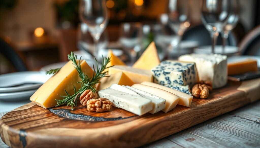 A beautifully arranged platter of assorted cheese types, prominently featuring a wedge of aged cheddar, creamy Brie, and tangy blue cheese. The foreground showcases slices of cheese artfully placed on a rustic wooden board, garnished with sprigs of fresh rosemary and walnuts. In the middle, a blurred background highlights a soft-focus dining table setting with elegant tableware, evoking a cozy yet sophisticated atmosphere. The lighting is warm and inviting, casting gentle shadows and accentuating the textures of the cheese. The scene is captured from a slightly elevated angle, providing depth and allure, perfect for emphasizing the idea of smart ordering for dietary needs and budget. No text or logos are present, ensuring a clean presentation. A beautifully arranged platter of assorted cheese types, prominently featuring a wedge of aged cheddar, creamy Brie, and tangy blue cheese. The foreground showcases slices of cheese artfully placed on a rustic wooden board, garnished with sprigs of fresh rosemary and walnuts. In the middle, a blurred background highlights a soft-focus dining table setting with elegant tableware, evoking a cozy yet sophisticated atmosphere. The lighting is warm and inviting, casting gentle shadows and accentuating the textures of the cheese. The scene is captured from a slightly elevated angle, providing depth and allure, perfect for emphasizing the idea of smart ordering for dietary needs and budget. No text or logos are present, ensuring a clean presentation.
