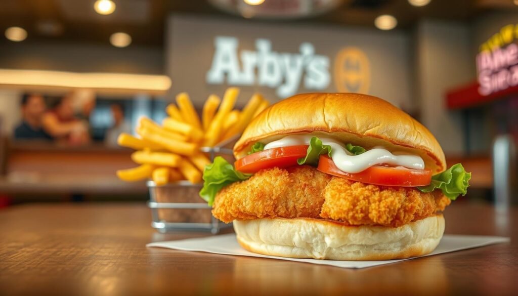 A beautifully crafted fish sandwich, showcasing a crispy, golden-brown fillet nestled between a fluffy, toasted bun. In the foreground, vivid details highlight the sandwich's fresh toppings: crisp lettuce, ripe tomato slices, and a drizzle of tartar sauce. In the middle ground, a side of crinkle-cut fries is artfully arranged, adding a pop of color and texture. The background features a cozy, modern Arby's restaurant setting, softly illuminated with warm, inviting lighting that enhances the delicious appeal of the meal. The atmosphere is casual and inviting, perfect for a quick bite. Shot from a slightly angled perspective to create depth, conveying a sense of indulgence and satisfaction. A beautifully crafted fish sandwich, showcasing a crispy, golden-brown fillet nestled between a fluffy, toasted bun. In the foreground, vivid details highlight the sandwich's fresh toppings: crisp lettuce, ripe tomato slices, and a drizzle of tartar sauce. In the middle ground, a side of crinkle-cut fries is artfully arranged, adding a pop of color and texture. The background features a cozy, modern Arby's restaurant setting, softly illuminated with warm, inviting lighting that enhances the delicious appeal of the meal. The atmosphere is casual and inviting, perfect for a quick bite. Shot from a slightly angled perspective to create depth, conveying a sense of indulgence and satisfaction.