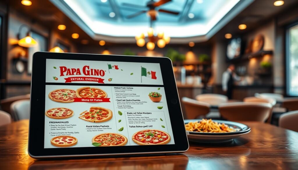 A beautifully designed overview of Papa Gino's online menu displayed on a sleek tablet, positioned prominently in the foreground. The menu showcases a variety of delicious Italian dishes, including fresh pizzas, pasta, and salads, all meticulously illustrated to highlight their vibrant colors and textures. In the middle ground, a stylish, well-lit restaurant setting suggests a casual dining atmosphere, with warm lighting creating an inviting, cozy vibe. The background features soft-focus images of a rustic Italian kitchen, emphasizing the authenticity of the cuisine. The overall mood is appetizing and welcoming, ideal for capturing the essence of takeout and delivery dining. The image should have a bright, natural light feel, resembling a high-quality photograph taken with a 50mm lens, focusing on both the menu and the inviting restaurant ambiance.