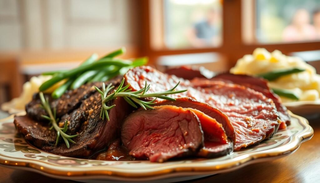 A beautifully presented plate of roast beef, glistening with rich, savory juices, cut into thick, mouth-watering slices. In the foreground, a decorative plate with a rosemary garnish adds an elegant touch. Visible details include the texture of the beef, showcasing a perfect sear and marbling. The middle ground features sides of mashed potatoes and vibrant green beans, enhancing the meal's color. Soft, natural lighting shines from the left, casting gentle shadows and emphasizing the meat’s tenderness. In the background, a blurred restaurant setting suggests a cozy dining atmosphere, with warm wooden accents. The overall mood is inviting and appetizing, perfect for showcasing a classic comfort food dish from a fast-food menu.