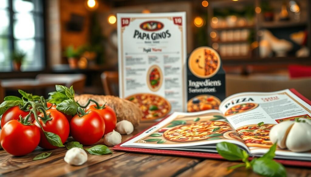 A beautifully styled Italian restaurant menu for Papa Gino's, prominently displayed on a rustic wooden table. The foreground features an array of fresh ingredients, including ripe tomatoes, basil leaves, and mozzarella, evoking a sense of authenticity and freshness. The menu itself is elegantly designed, showcasing various Italian dishes with vibrant images of pasta, pizza, and salads, neatly laid out. In the middle ground, soft lighting accentuates the colors of the food while highlighting ingredient descriptions that focus on nutrition and dietary considerations. The background includes blurred elements of a cozy restaurant setting, such as dimmed lights and subtle decorations, creating a warm and inviting atmosphere. The overall mood is cheerful and appetizing, encouraging a focus on healthy dining. No text, captions, or other overlays present in the image.